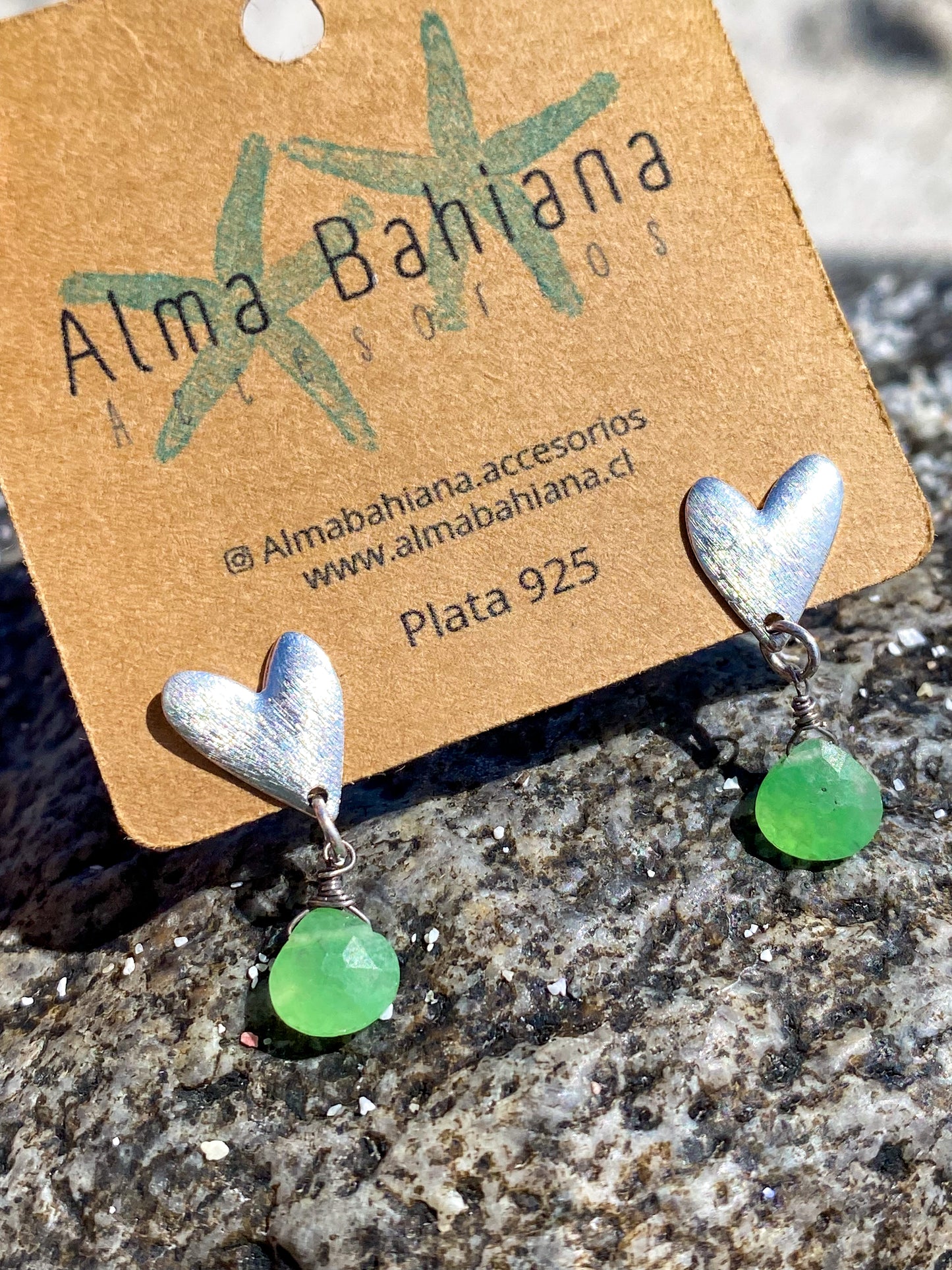 Aros corazón plata con piedra crisoprasa
