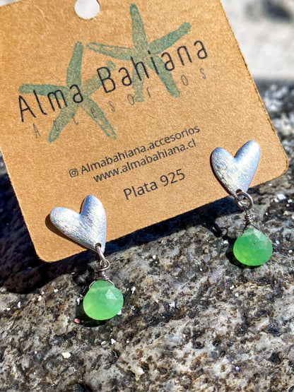 Aros corazón plata con piedra crisoprasa