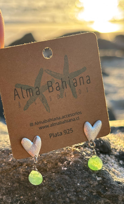 Aros corazón plata con piedra crisoprasa