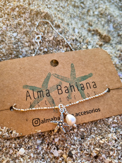 Tobillera plata estrella de mar perla de río