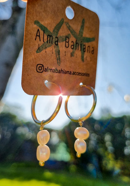 Argollas doble perla Baño de oro